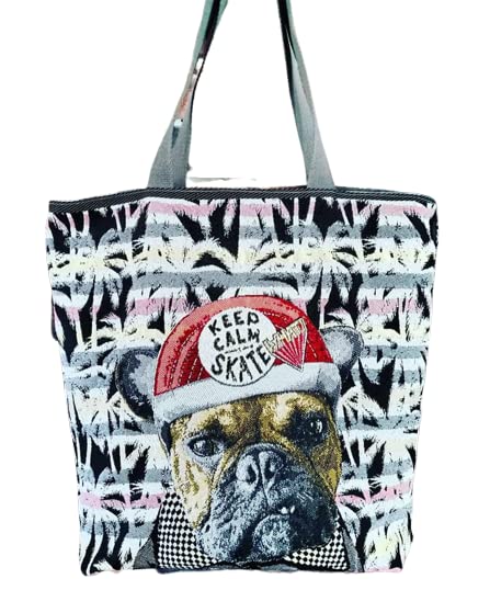 sac cabas en tissu jacquard, motif BOULEDOGUE, création fait main et fabrication française, idée cadeau