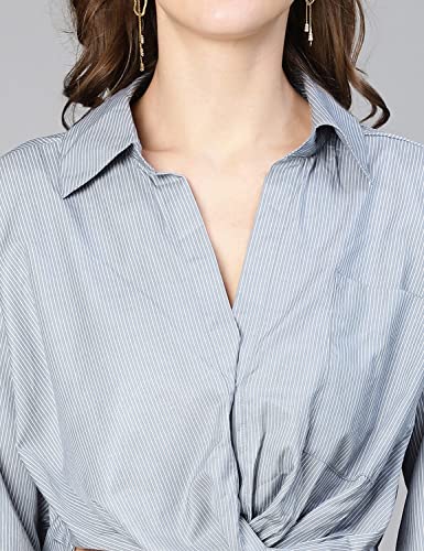 Image of oxolloxo Women Stripe Print Open Collared Cotton Crop Shirt