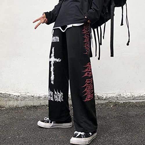 LXCQI Punk Hippie Pantalones De Pierna Ancha Mujeres Gótico Harajuku Streetwear Streetwear Anime Street Style Mall Goth Print Pantalones Hip Hop-Negro_L Cover