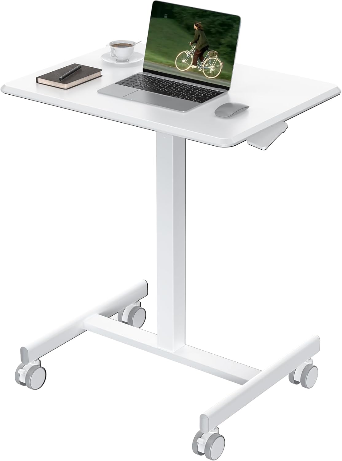 OLIXIS Mobile Standing Desk with Wheels Small Rolling Laptop Desks Portable Pneumatic Adjustable Height Sit Stand Table Computer Workstation for Home Office White