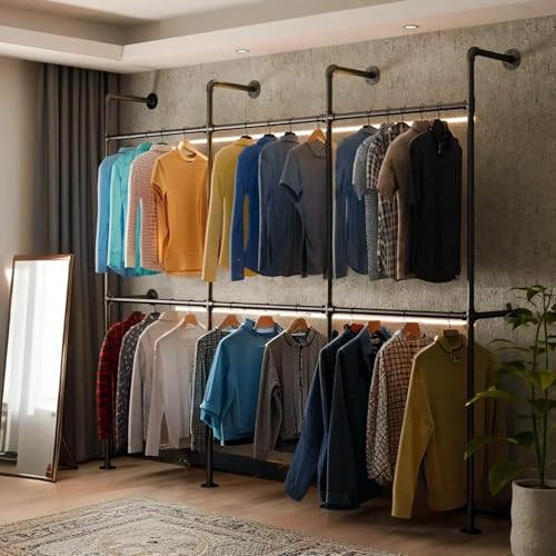 KADIGANG Industrial Pipe Black Clothing Racks Wall Mounted, Rustic Industrial Pipe Clothes Rack Design - Stylish & Heavy Duty Corner Garment Racks, Perfect for Home or Retail Display