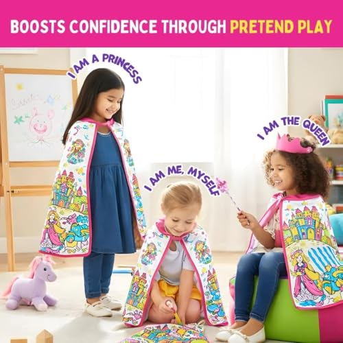 Image of PepPlay Princess Cape Coloring Kit - Personalised Pink Cotton Cape, Magical Unicorns & Fairies | Crown + 6 Washable Fabric Markers | Reusable Pretend /Role Play Birthday Return Gift for Girls Age 3-7