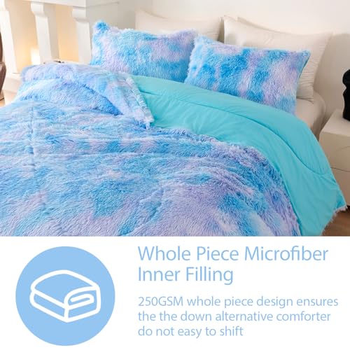 Image of Faux Fur Fluffy Comforter Set Queen Size 3 Pieces Blue Rainbow Bedding Set for Girls Tie Dye Furry Fuzzy Bed Comforter with Pillowcases(Blue, Queen)