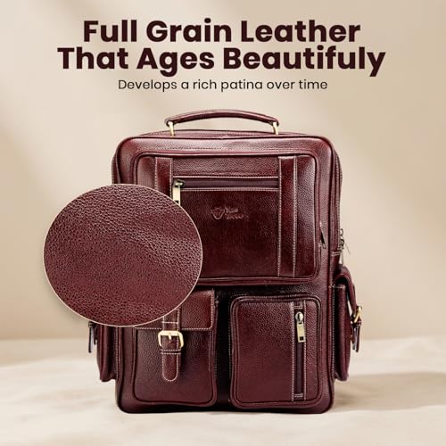 Image of Full Grain Genuine Leather Backpack for men - Spacious 25L for travel and office use with 15.6 inch padded laptop compartment (Brown)
