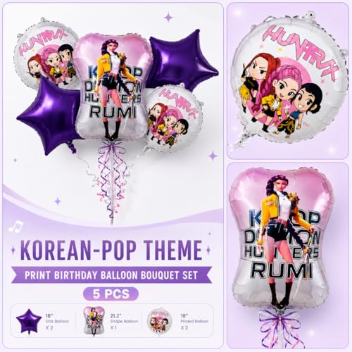 Image of Wanna Party Korean Pop Theme Rumi Print Birthday Balloon Bouquet Set - 5PC Foil Balloon Decoration, Helium Supported for Kids Birthday, Music Theme Party, Cake Table & Photo Booth Decor
