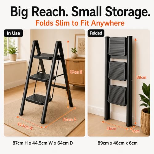 Image of Equal 3 Step Advance Foldable Step Ladder for Home | Carbon Steel | Wide Anti-Slip Steps | 150 Kg Capacity | 3 Year Warranty | Grey