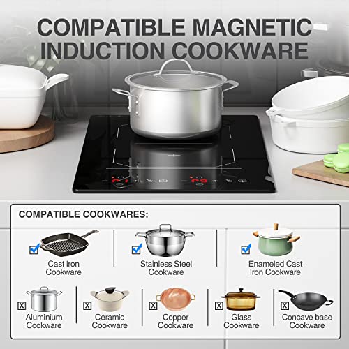 Double Induction Cooktop Portable,2 Burner Induction Cooker 110V 12 Inch,Built-In Countertop Burners 2300W,Independent Control,Ultrathin Body,2300W-Multiple Power Levels,2 Hour Timer,Safety Lock #TOP2