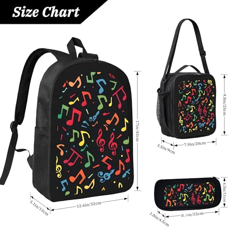 Colorful Abstract Music Notes 3 Pcs 17 Inches Backpack Set with Insulated Lunch Bag And Pencil Pouch Large Back Pack for Men Women Lunchbox Pencil Case Waterproof Backpacks Lunch Box 3 Piece Daypacks4