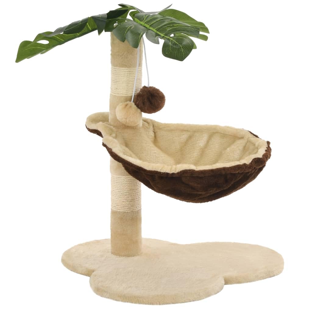 Katzenkratzbaum mit Sisal-Kratzstange 50 cm Beige Braun, Kleiner Katzenbaum mit Kuschelbett, 2 hängenden Bällen und 3 Blättern, Stabile Basis für Hauskatzen