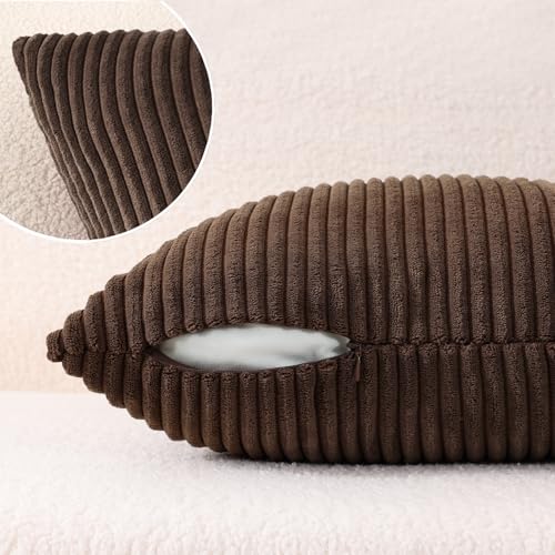 Image of Mecatny Corduroy Decorative Throw Pillow Covers 18x18 Set of 2 for Sofa Living Room, Soft Neutral Boho Couch Pillow Covers for Home Decor, Chocolate