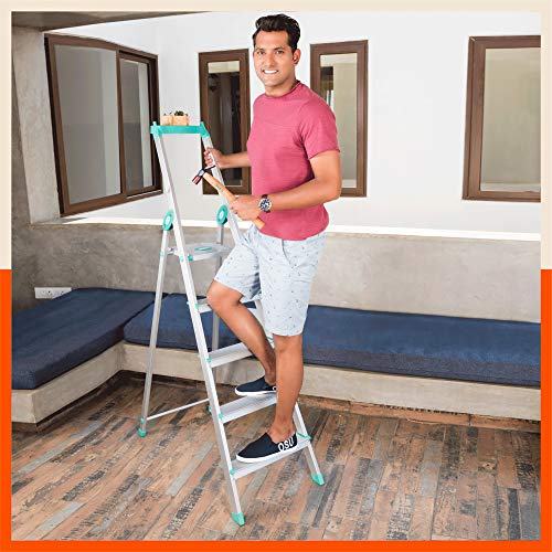 Image of Bathla Elevate 5-Step Foldable Aluminium Ladder for Home with Tool Tray | Anti-Skid | Durable, Heavy Duty, Safe & Stylish | 5-Year Warranty | Teal