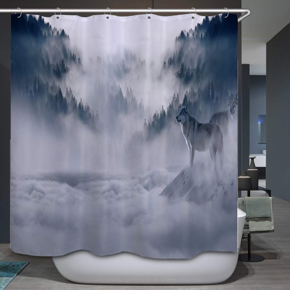Chickwin Shower Curtain with Hooks, Natural Scenery Waterproof Mold-proof Shower Liner Polyester Dry Quickly for Bathroom Decorative Curtains 3D Creative Printing (Grey Wolf,180x200cm)