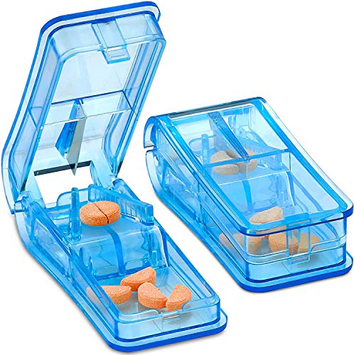 Pill Cutter - V- Grip Pill Crusher and Cutter for Vitamins, Big & Small Pills, and Medication - Transparent Pill Splitter with Pill Holder Case to Split