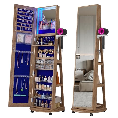 HNEBC 360° Swivel Jewelry Armoire with Mirror, LED Mirror Jewelry Cabinet Standing, Full Length Mirror with Jewelry Storage, Standing Jewelry Organizer/Lockable Wheels/Foldable Makeup Shelf (Wood)