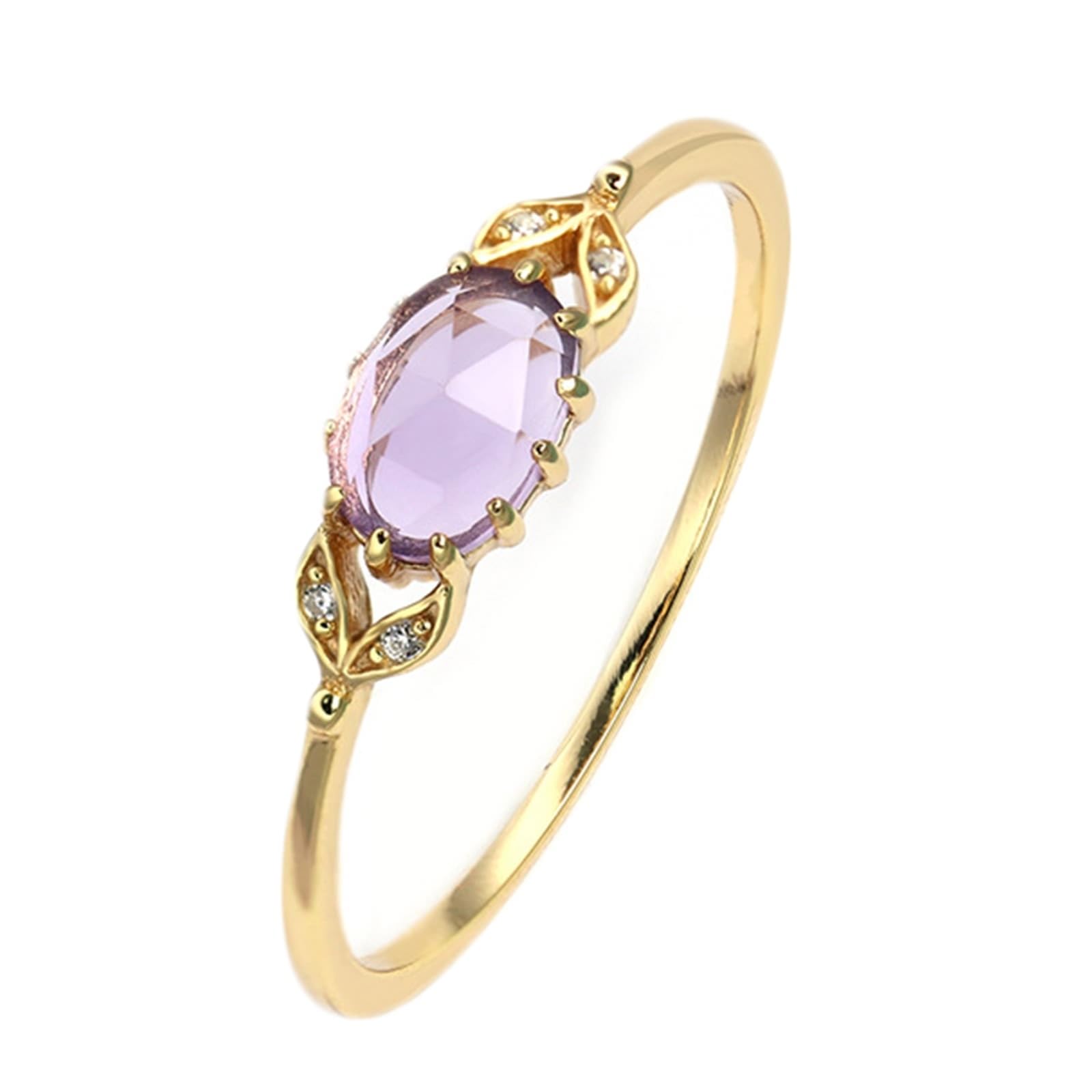 Anillo de boda oro 9 K/14 K/18 K con amatista morado ovalado, hoja vintage