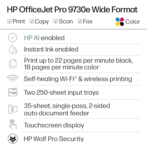 HP OfficeJet Pro 9730e Wide-Format Wireless All-in-One Color Inkjet Printer, Print, scan, Copy up to 11x17', ADF, Duplex Printing Best-for-Office, 3 Month Instant Ink Trial Included (537P6A)