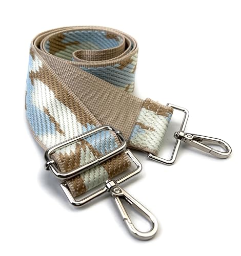 Image of Beige Sky Blue Camouflage Purse Strap with Silver Hardware 2 Inch Wide Replacement Crossbody Guitar Style Shoulder Strap for Handbags Totes