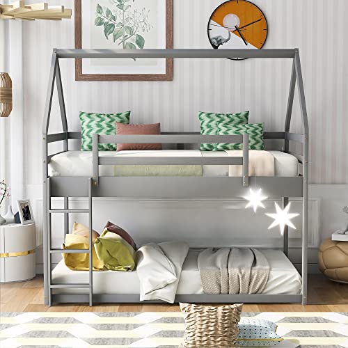 Twin Over Twin House Bunk Bed With Safety Guardrail And Ladder, Wood Twin Loft Bed Frame With House Roof For Kids Teens Girls Boys,Grey #TOP2