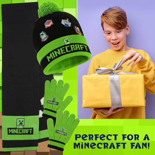 Minecraft Winter Set for Boys, Teens: 3 Piece Hat Scarf Gloves or 2 Piece Gloves & Hat, Winter Accessories, Gifts for Boys3