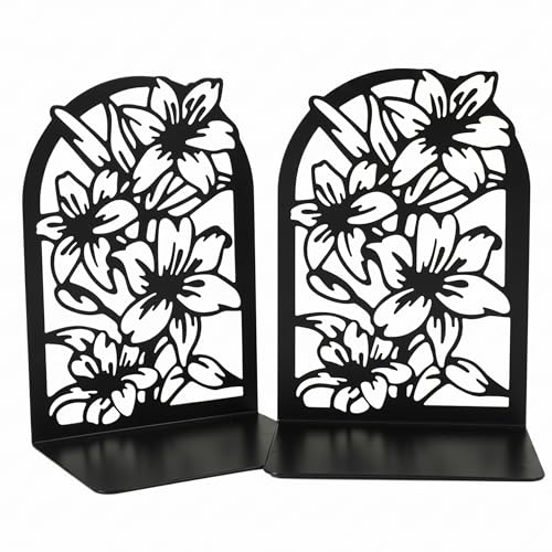 Book Stopper, 2PCS Metal Bookends Decorative Lily Pattern Heavy Duty Book Stoppers for Office, Desk, Shelf & Room - Black