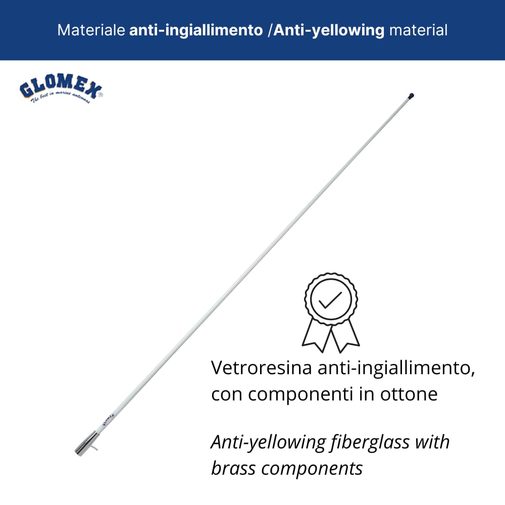 Glomex – Antenne VHF "Basic Line" 1,5 m (Blanc), modèle RA400CR – Virole en laiton chromé, comprend câble 4,5 m, 3 dB, DC Ground, pour bateaux à moteur – Qualité et finitions supérieures