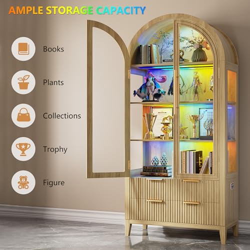 Image of LVSOMT 71 inch Arched Display Cabinet with Glass Doors and RGB Lights, Wood