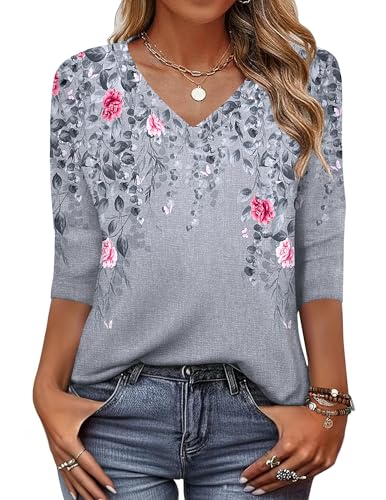 Image of Zeagoo Womens Blouse Casual 3 /4 Length Sleeve V Neck Basic T-Shirts | Three Quarter Tops,Tunics to Wear with Leggings, Lightweight Summer Clothes, Business Work Blouses, Trendy Fall Outfits