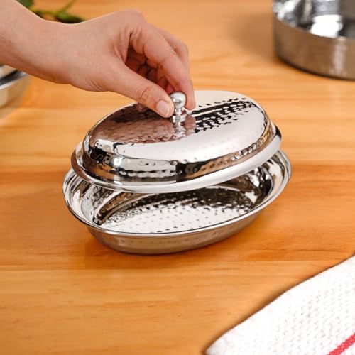 Image of Nestasia Stainless Steel Serving Bowl with Lid (350ml) - Hammered Oval Steel Curry Dish with Glossy Finish | Rust, Stain & Scratch Resistant Entree Dish for Serving Dal, Curry, Sabji, Gravy