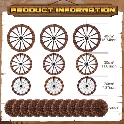 Image of Outus 21 Pcs Western Cowboy Party Decorations Paper Fans Wagon Wheels Decorations Brown Paper Pom Poms Country Western Hanging Fans Tissue Flower for Wild Cowboy Themed Birthday Party Supplies Decor