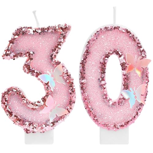 Number 30 Birthday Candles Pink Sequins Butterfly Birthday Candle Glitter Candle Cake Topper Cupcake Decorations Party Supplies