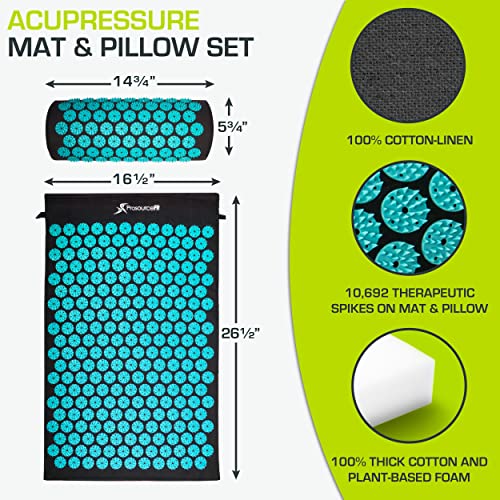 ProsourceFit Acupressure Mat and Pillow Set for Back/Neck Pain Relief and Muscle Relaxation, Large - Black/Aqua