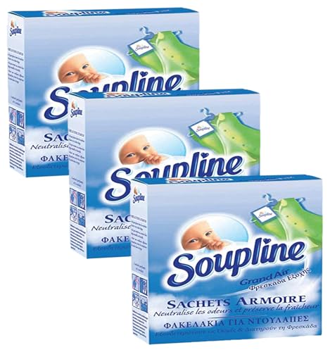 SOUPLINE Sachets Armoire Rafraîchissants, Parfum Air Frais, Désodorise et Parfume votre Linge Pendant 6 Semaines, Neutralise les Odeurs, 1 Boîte avec 3 Sachets (Lot...