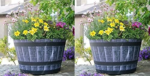 SG Traders Large Half Barrel Cask Planter, Flower Plastic Pots Outdoor Garden Planters, Indoor Plant Pot with Drainage Holes, Stonegrey,Tan,Greywood with Black Straps, Set of 2, 40 x 24cm
