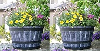 SG Traders Large Half Barrel Cask Planter, Flower Plastic Pots Outdoor Garden Planters, Indoor Plant Pot with Drainage Holes, Stonegrey,Tan,Greywood with Black Straps, Set of 2, 40 x 24cm