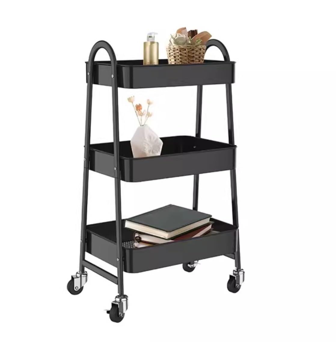 Carrellino Salvaspazio Carrello Portaoggetti da Cucina A 3 Ripiani, in Metallo, con Ruote per Bagno E Ufficio per Organizzare Cucina(Black)