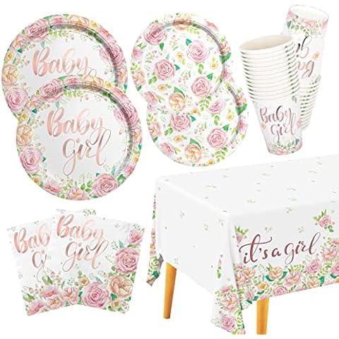 Floral Baby Shower Party Supplies Disposable Paper Plates Napkins Cups Tablecloth for Sweet Baby Girl Shower Party Gender Reveal Birthday Decorations, Serve 25 Cover
