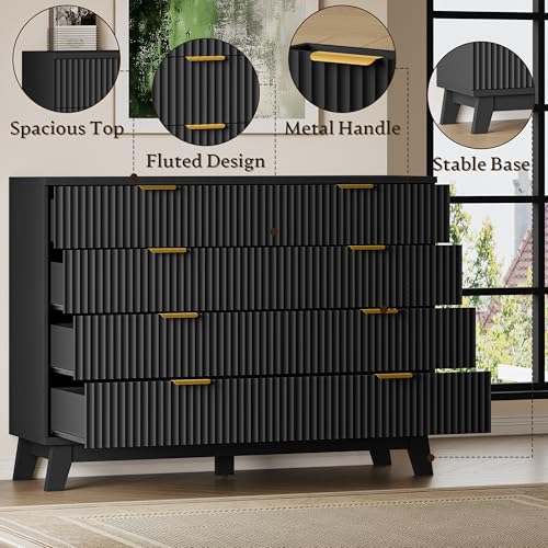 Image of BORNOON Fluted 8 Drawer Tall Dresser, 47.2 inch Wide Modern Boho Chest of Drawers, Wooden Storage Dresser TV Stand for Bedroom, Living Room, Closet, Hallway, Curved Profile Design