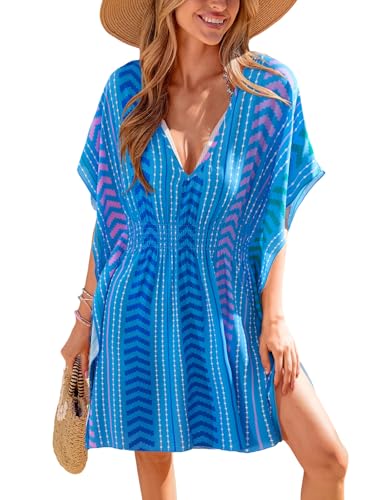 CUPSHE Swimsuit Coverup for Women V Neck Geometric Elastic Waist Short Sleeve Beach Cover Ups Sundress