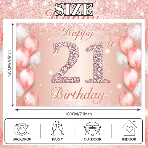 Image of Happy 21st Birthday Rose Gold Banner Cheers to 21 Years Old Backdrop Confetti Balloons Theme Decor for Women 21 Years Old Pink Birthday Party Decorations Bday Supplies Background Favors Gift Glitter