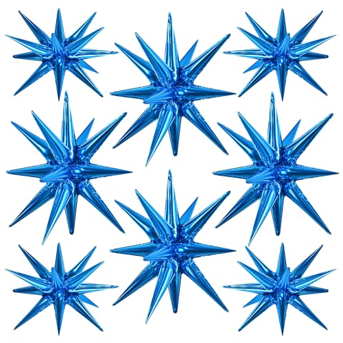 Image of TONIFUL 8 Pcs Explosion Star Balloons Blue Foil Balloon Party Decorations | 2 Size Mylar Star Balloon for Blue Party Decoration Christmas New Year Mens Birthday Wedding Baby Shower Photo Booth Supplies
