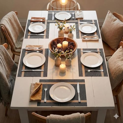 Image of YELONA Placemats Set of 6, Heat-Resistant Woven Vinyl Table Mats, Non-Slip & Washable Dining Tablemats for Kitchen & Dinner Decor, Black & Gold (45cm x 30cm)