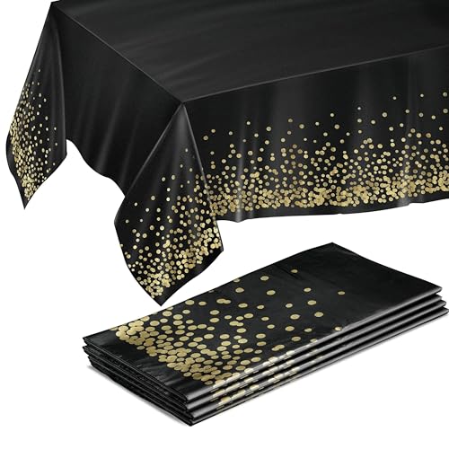 Prestee 4 Pack Gold and Black Table Cloth Rectangle Table Covers 54 x 108 Inches - Plastic Table Cloth Disposable for Parties, Dining and Events - Black Tablecloths for Weddings and Celebrations
