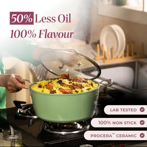 Image of Asai Ceramic Dutch Oven 24cm (4L) with Glass Lid & Silicone Spatula | Green | Procera Swiss Ceramic Non-Stick Coating | Induction, Gas & Electric Compatible | Stay-Cool Handles | Lab Tested