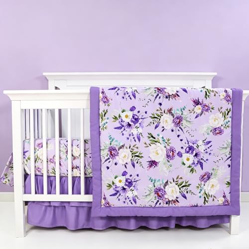Image of Crib Bedding Set for Girls, Purple Baby Crib Bedding Set 4 Piece, Baby Girl Nursery Bedding Set Including Comforter, Fitted Crib Sheet, Crib Skirt, Diaper Stacker, Floral