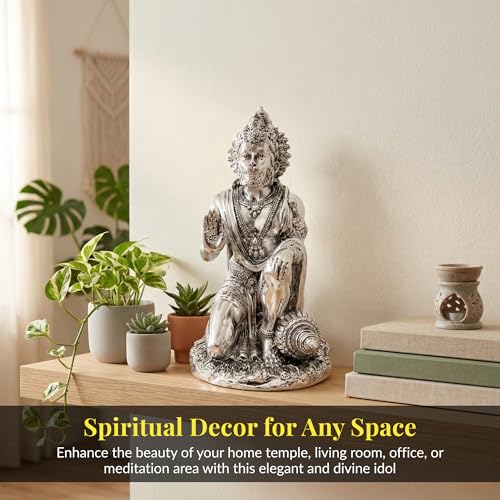 Image of Silver Plated Hanuman Idol - 7 Inch Divine Kneeling Bajrangbali Statue with Gada for Home Mandir and Office Sanctuary - Auspicious Vastu Decor and Spiritual Gift with Anti-Tarnish Finish