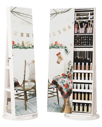 LVSOMT 360° Swivel Mirror with Jewelry Cabinet, Frameless Full Length Mirror with Jewelry Storage,...