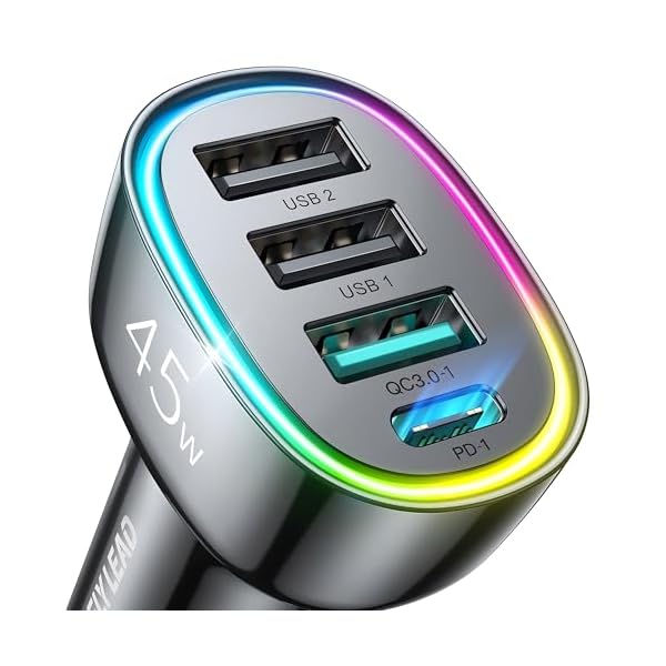 USB C Car Charger, 45W 4 Ports Super Fast Car Charger Adapter, PD3.0 & QC3.0 30W Type C Car Charger for iPhone 16/15/14/13/12/11 Pro Max Plus Samsung Galaxy S24 Ultra/S23 Cigarette Lighter USB Charger