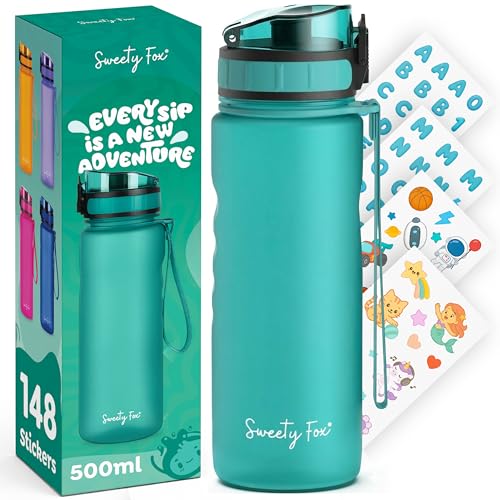 Sweety Fox Trinkflasche Kinder Kohlensäure Geeignet 500ml, Grün - Trinkflasche Sport 100% Auslaufsicher & Wasserflasche Spülmaschinenfest 1