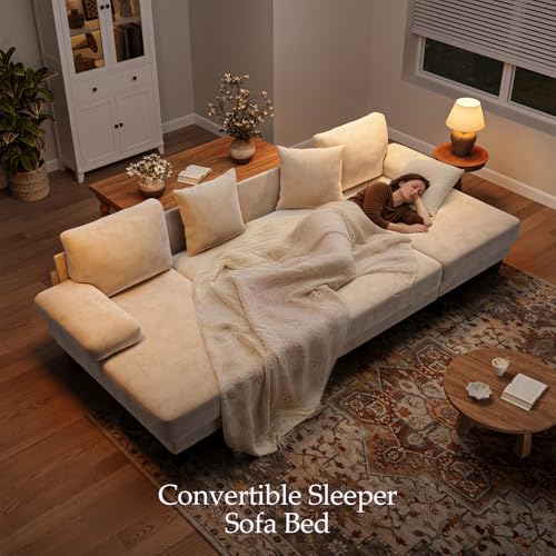 Image of Txtin's Sleeper Sofa with Pull Out Couch Bed | 112 Inch Couches for Living Room | U-Shaped Convertible Sofa Bed | Chenille Warm White