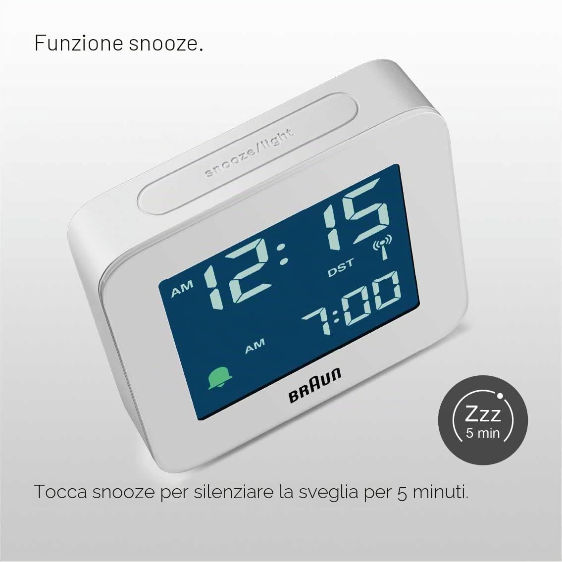 Braun Orologio Sveglia Digitale Radio controllato Fuso Orario Europa Centrale (DCF) con Funzione Snooze, Display LCD, Funzione Quick Set, Suono Sveglia Beep con crescendo, Bianco, BC09W-DCF.